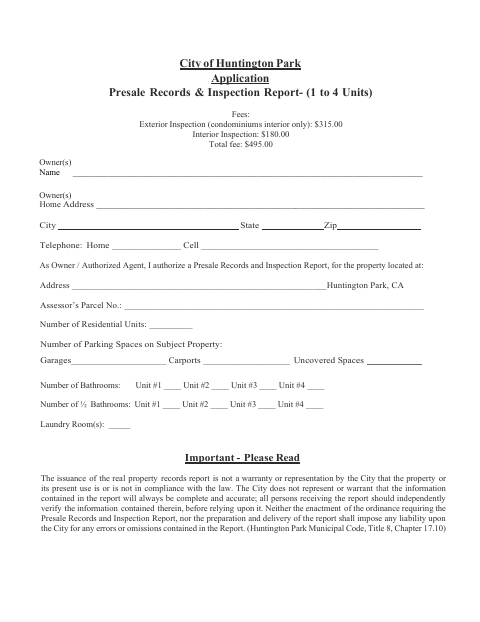 First page of the Presale Records and Inspection Report Application