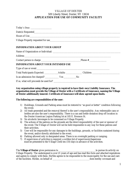 First page of the Application for Use of Community Facility