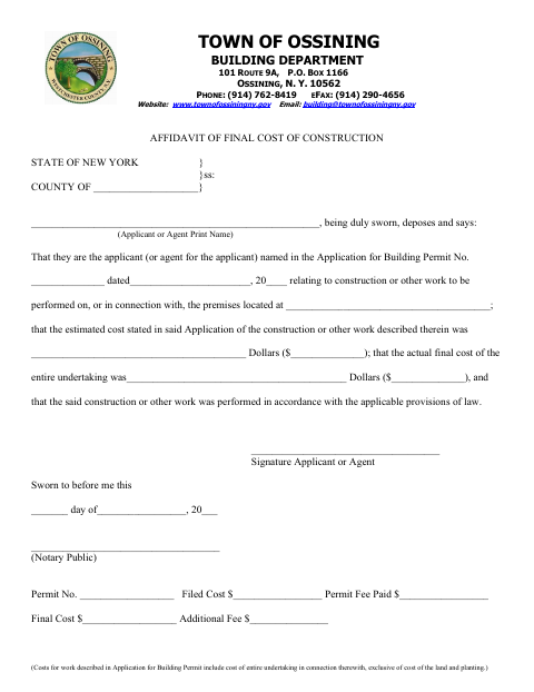 First page of the Affidavit of Final Cost of Construction