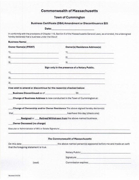 First page of the Business Certificate Amendment or Discontinuance
