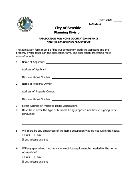 First page of the Application for Home Occupation Permit