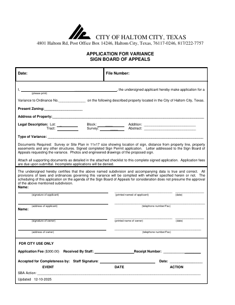 First page of the Sign Board of Appeals Variance Application