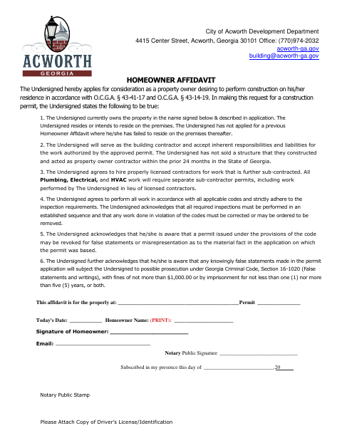 First page of the Homeowner Affidavit