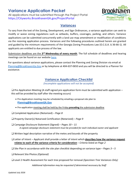 First page of the Variance Application Packet
