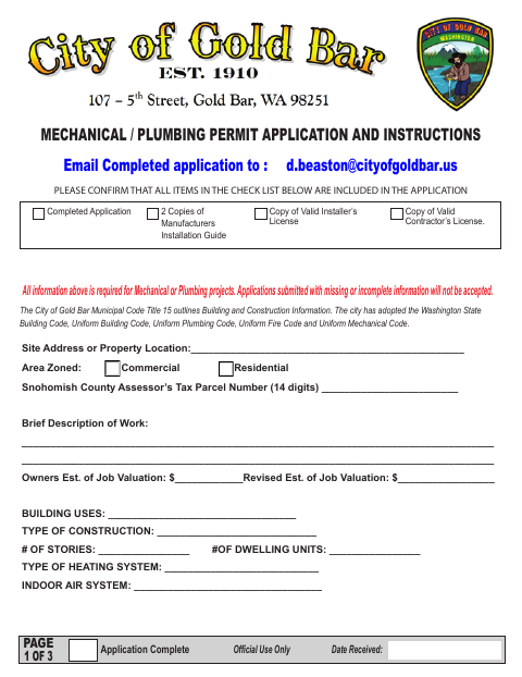 First page of the Mechanical/Plumbing Permit Application