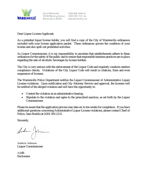 First page of the Liquor License Application
