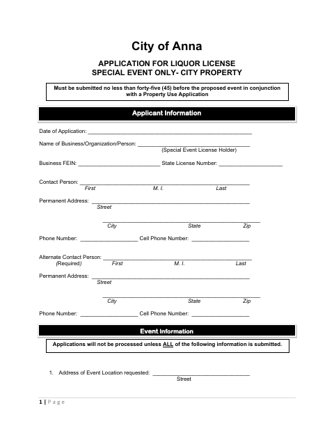 First page of the Special Event Liquor License Application