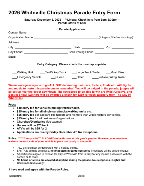 First page of the 2026 Christmas Parade Entry Form