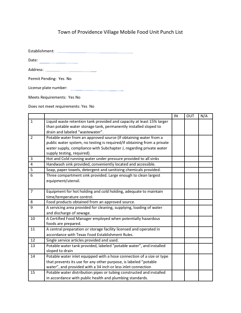 First page of the Mobile Food Unit Punch List