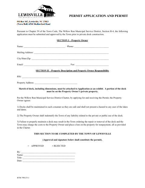 First page of the Dock Permit Application (Willow Run Municipal Service District)