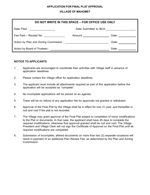 First page of the Application for Final Plat Approval