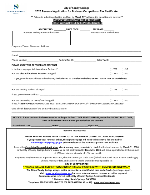 First page of the Renewal Application for Business Occupational Tax Certificate