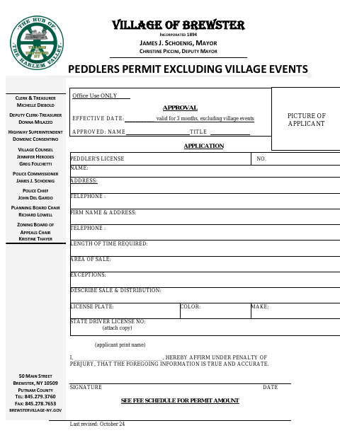 First page of the Peddlers Permit Excluding Village Events
