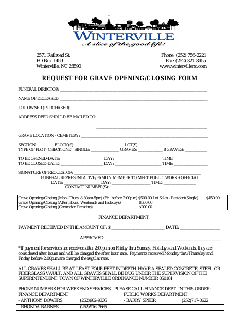 First page of the Request for Grave Opening/Closing Form