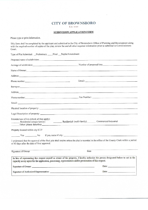 First page of the Subdivision Application Form