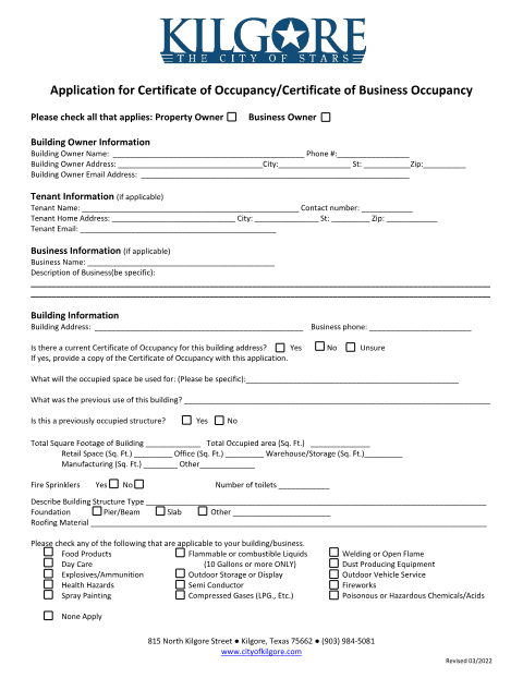 First page of the Certificate of Occupancy / Certificate of Business Occupancy Application