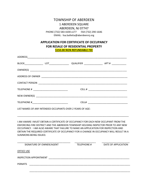 First page of the Application for Certificate of Occupancy for Resale of Residential Property