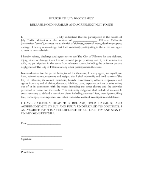 First page of the Fourth of July Block Party Release, Hold Harmless and Agreement Not to Sue