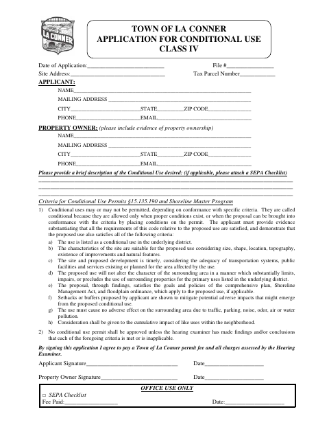 First page of the Application for Conditional Use Class IV