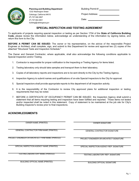First page of the Special Inspection and Testing Agreement