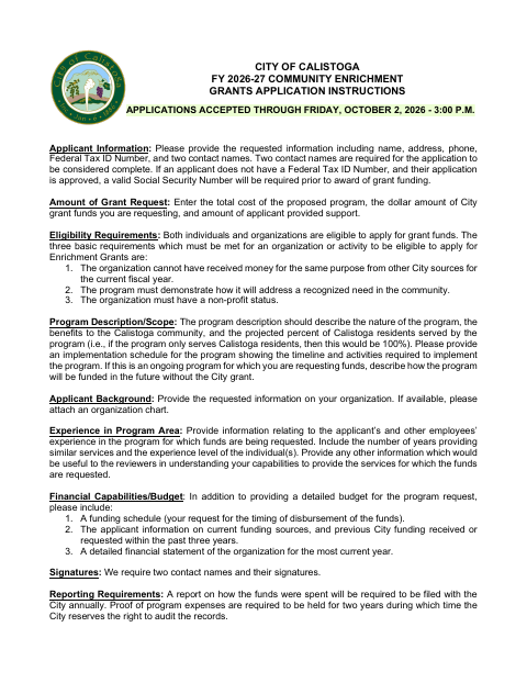 First page of the Community Enrichment Grant Application