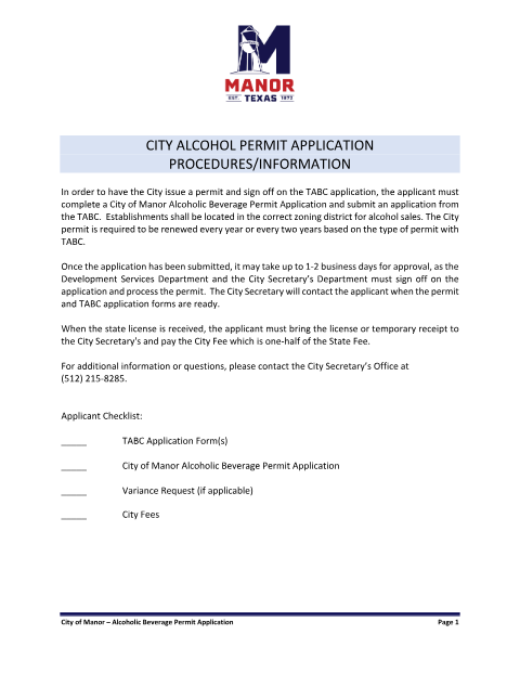 First page of the Alcoholic Beverage Permit Application