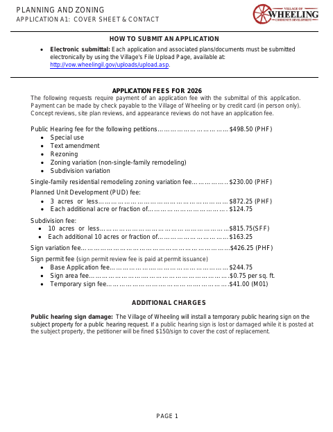 First page of the Planning and Zoning Application Cover Sheet and Contact Page