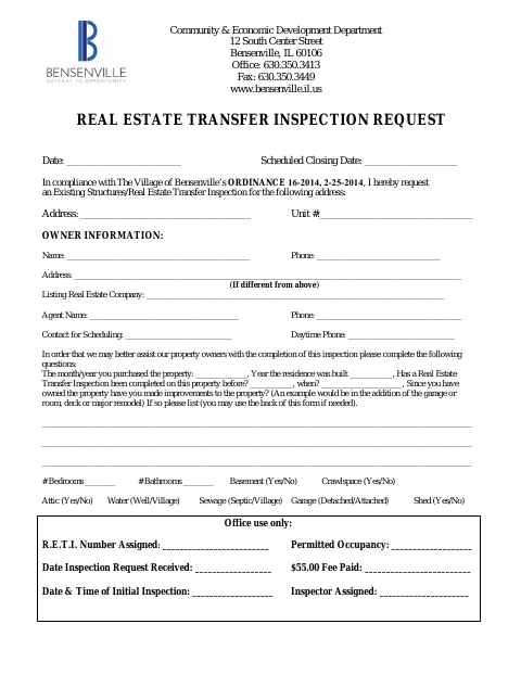 First page of the Real Estate Transfer Inspection Request