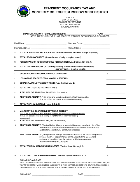 First page of the Transient Occupancy Tax and Quarterly Report