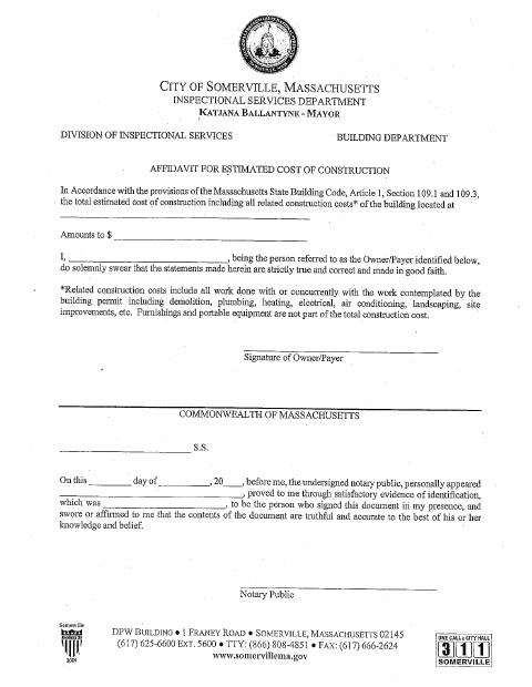 First page of the Affidavit for Estimated Cost of Construction