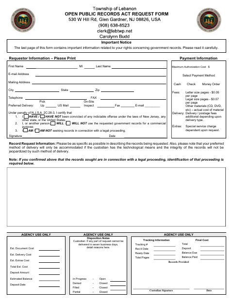 First page of the Open Public Records Act Request Form