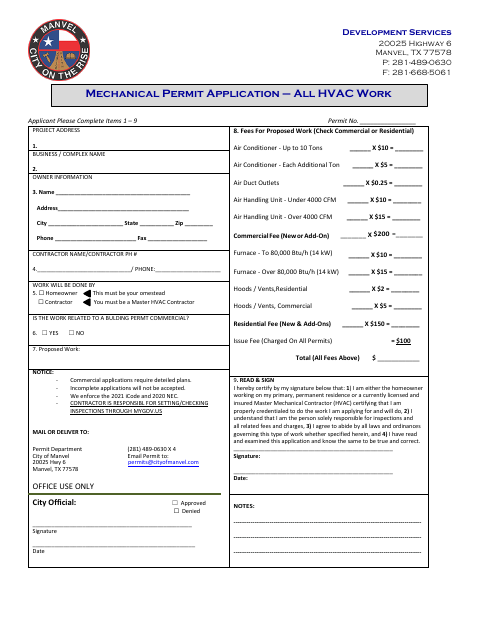 First page of the Mechanical Permit Application – All HVAC Work