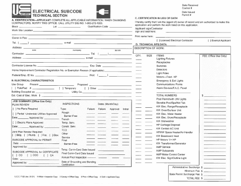 First page of the Electrical Subcode Application