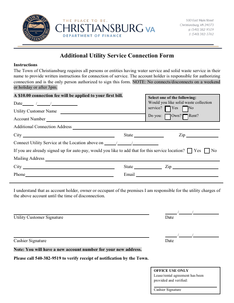 First page of the Additional Utility Service Connection Form