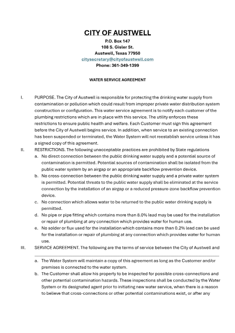 First page of the Water Service Agreement
