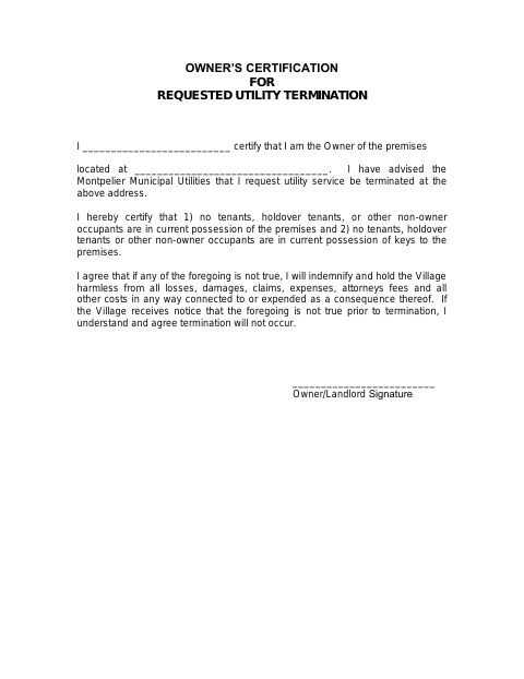 First page of the Owner’s Certification for Requested Utility Termination
