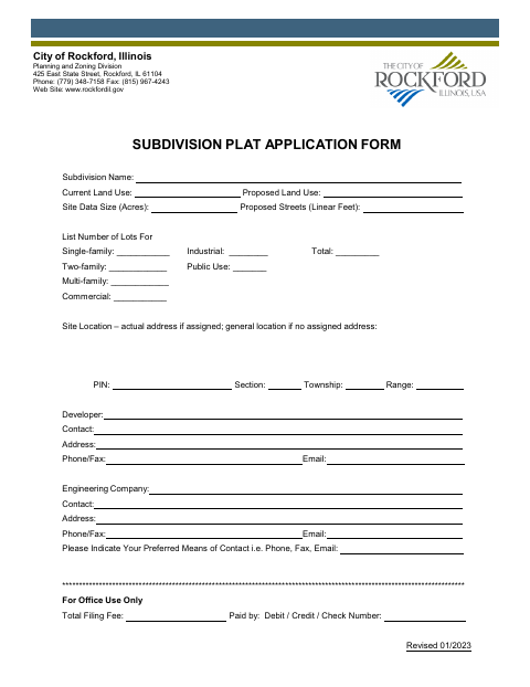 First page of the Subdivision Plat Application Form
