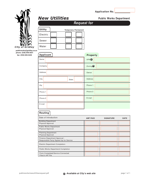 First page of the Request for New Utilities