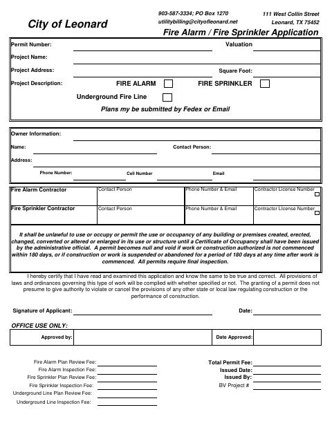 First page of the Fire Alarm / Fire Sprinkler Application