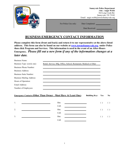 First page of the Business Emergency Contact Information