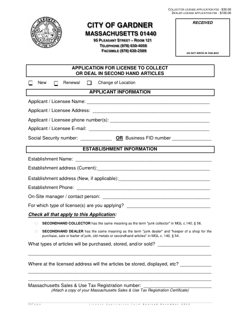 First page of the Second-Hand Article and Junk Dealer License Application