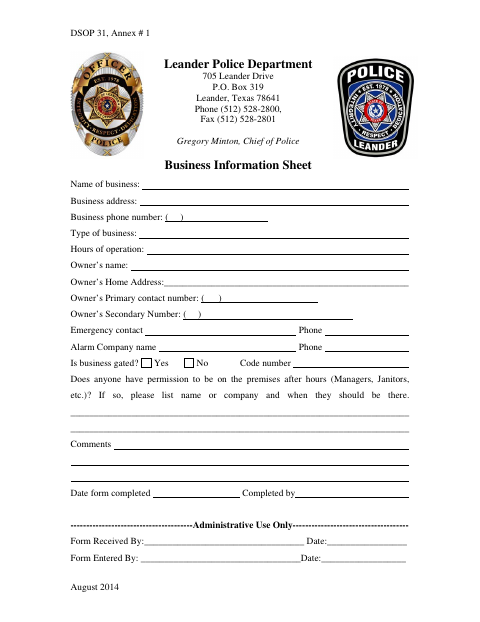 First page of the Business Information Sheet