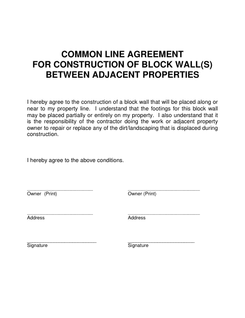 First page of the Common Line Agreement for Construction of Block Walls