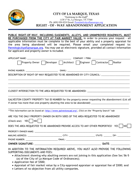 First page of the Right-of-Way Abandonment Application