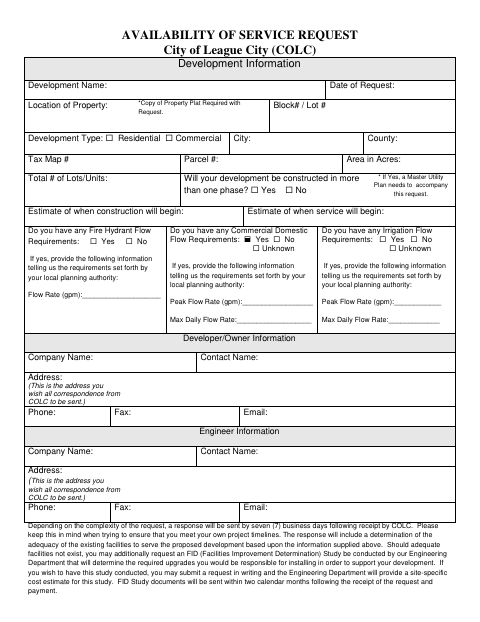 First page of the Availability of Service Request