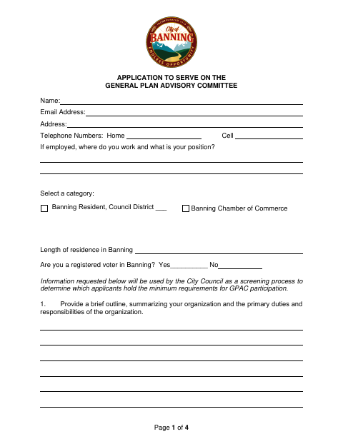 First page of the Application to Serve on the General Plan Advisory Committee