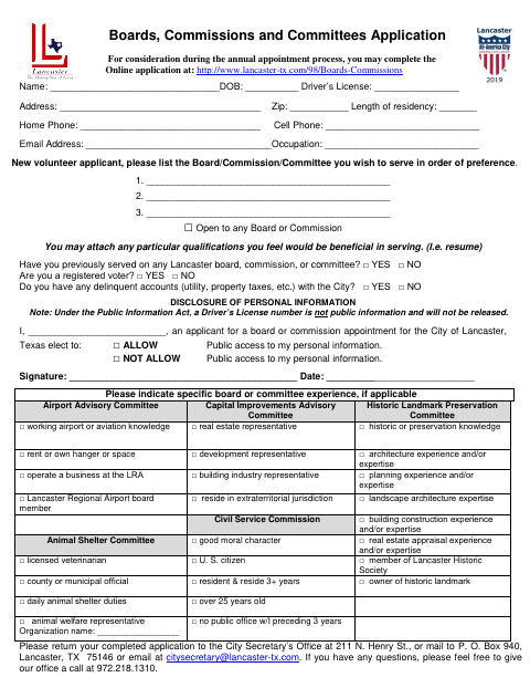 First page of the Boards, Commissions and Committees Application