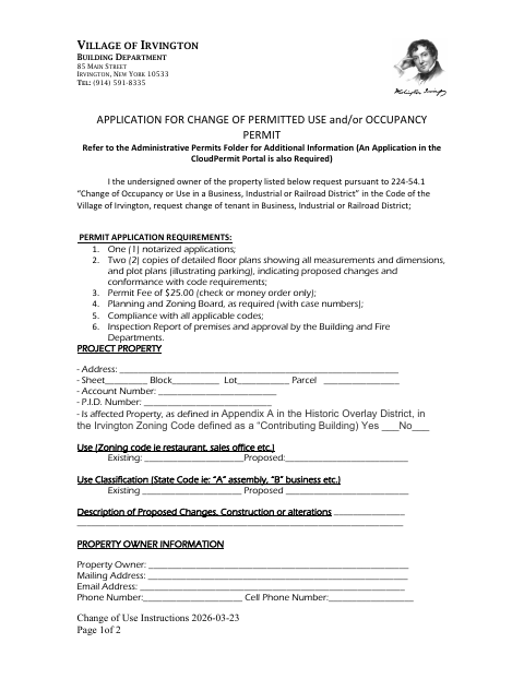 First page of the Change of Use Application