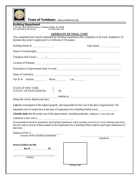 First page of the Affidavit of Final Cost
