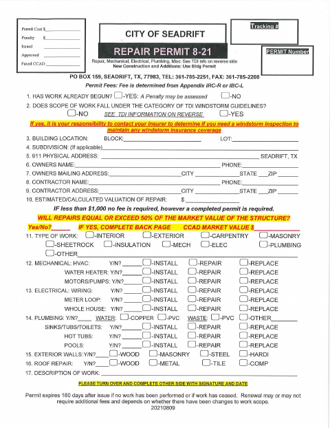 First page of the Repair Permit